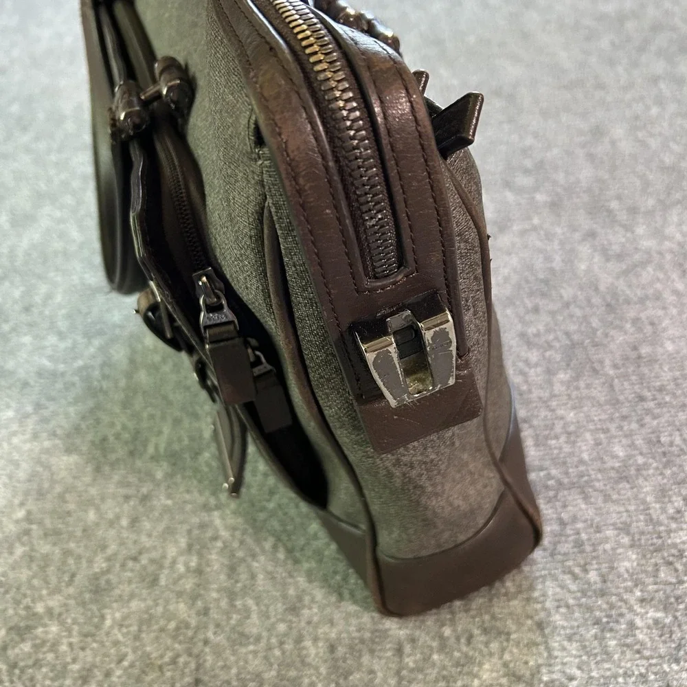 TUMI Gray Brown Leather Trim Laptop Briefcase Messenger Business Travel Bag